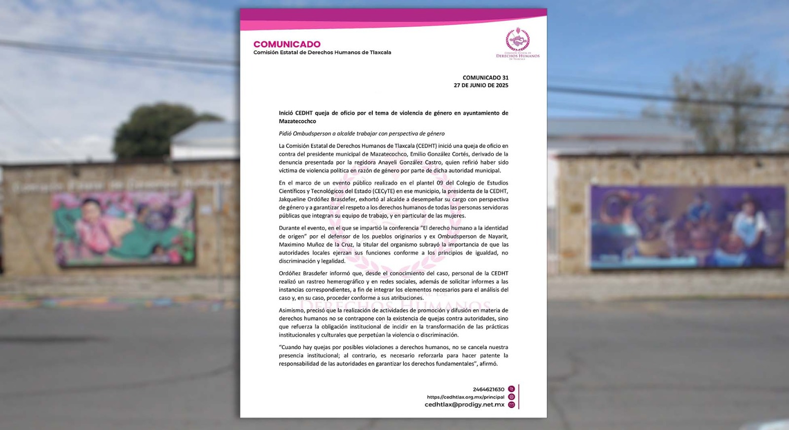 Inició CEDHT queja de oficio por el tema de violencia de género en ayuntamiento de Mazatecochco